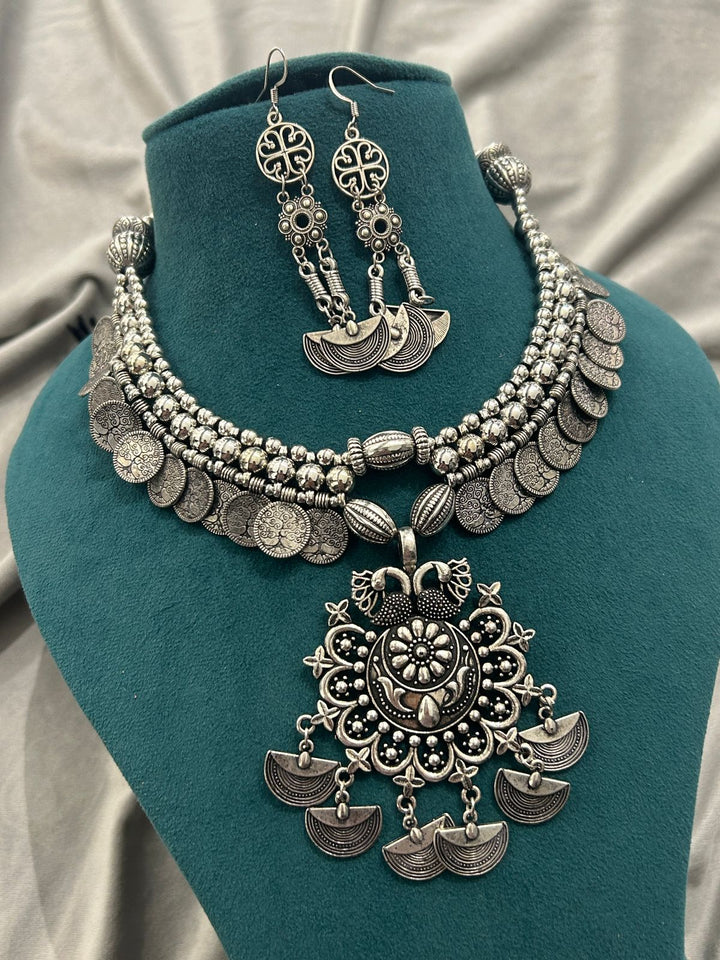 Oxidized Coin Necklace Set with Bold Pendant & Earrings