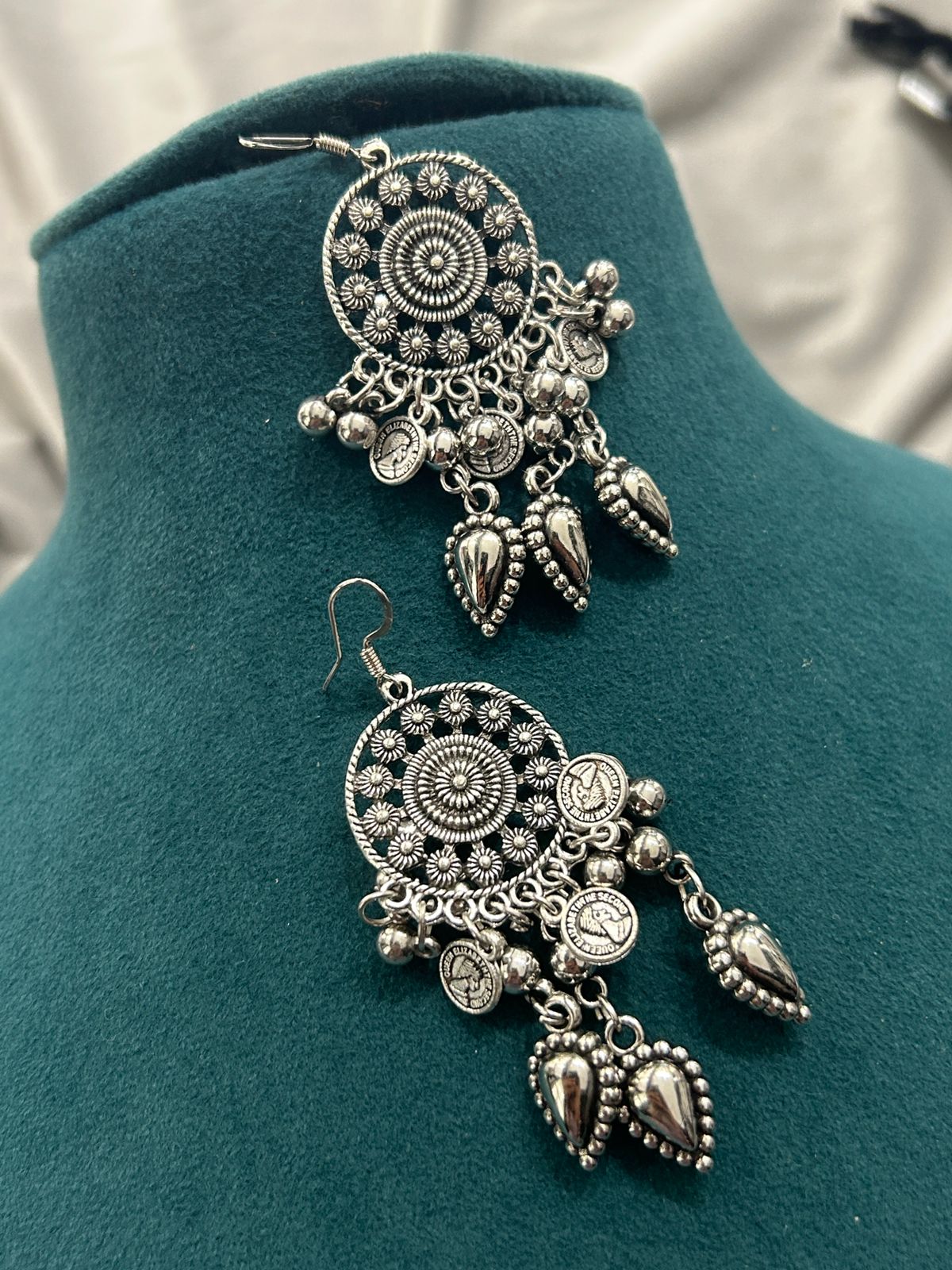 Oxidized Necklace Set with Green & Blue Stone Pendant and Earrings