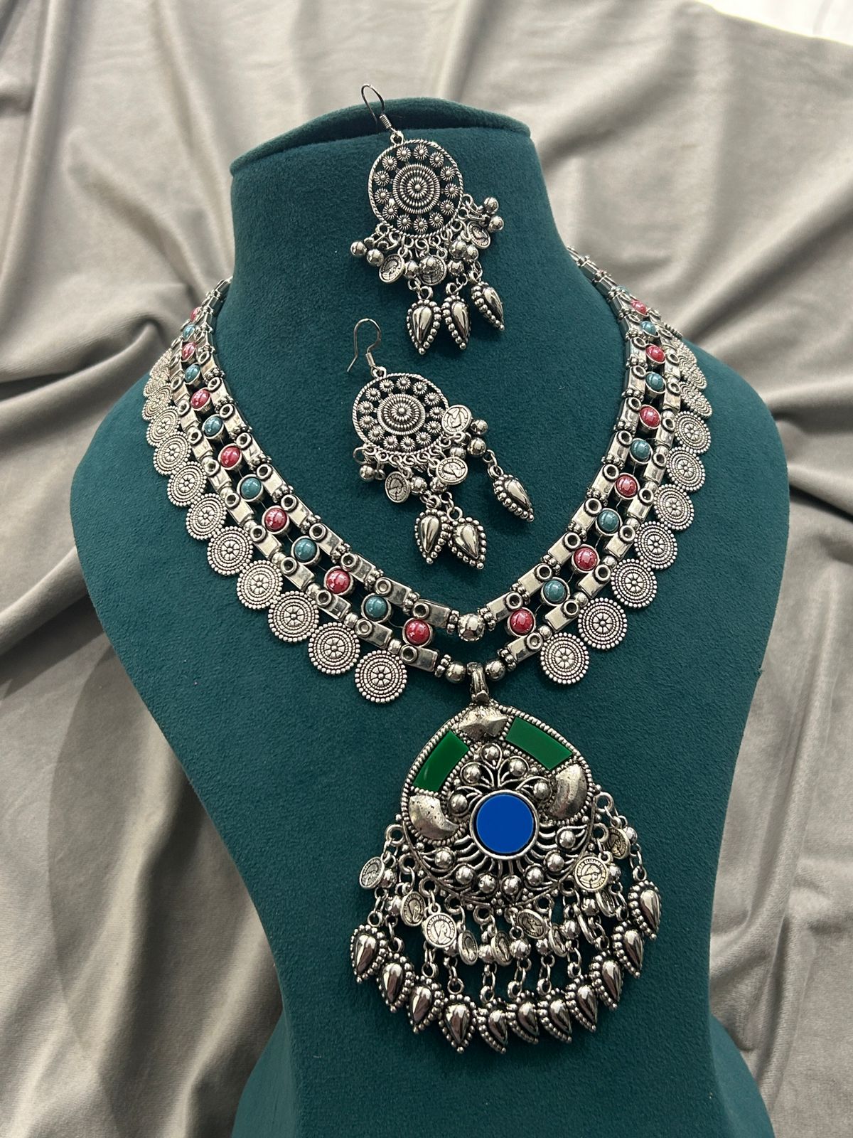 Oxidized Necklace Set with Green & Blue Stone Pendant and Earrings
