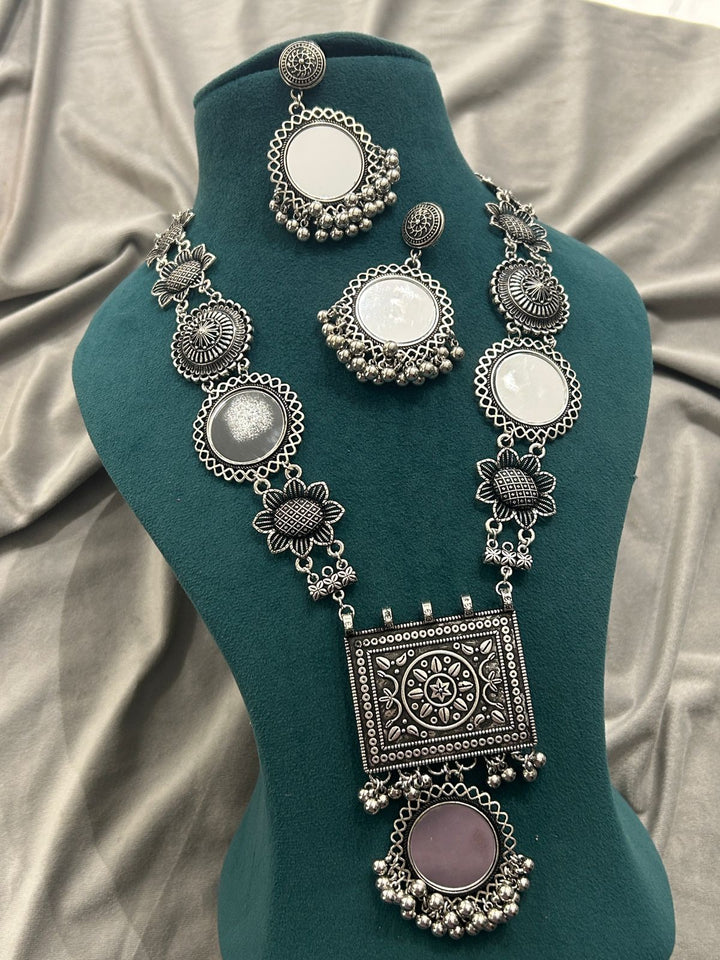 Oxidized Mirror Work Necklace Set with Earrings