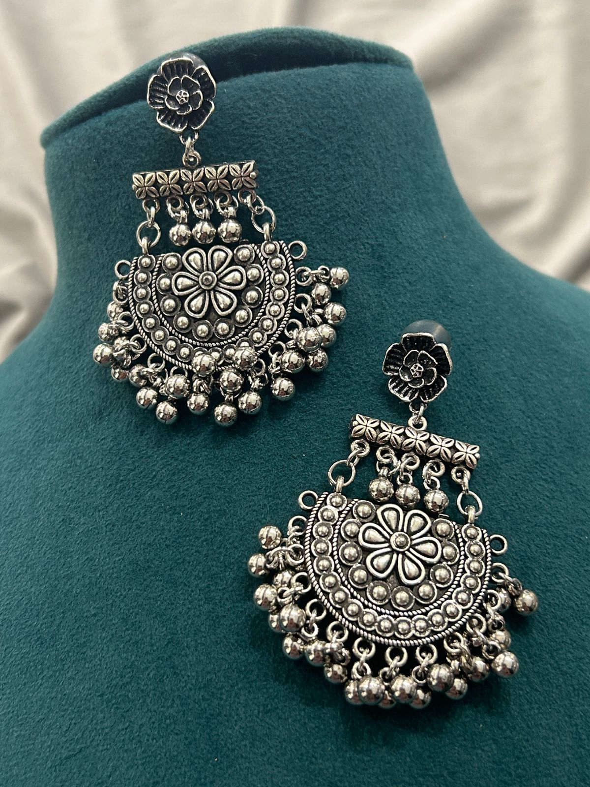 Antique Oxidized Floral Half-Moon Necklace Set with Earrings