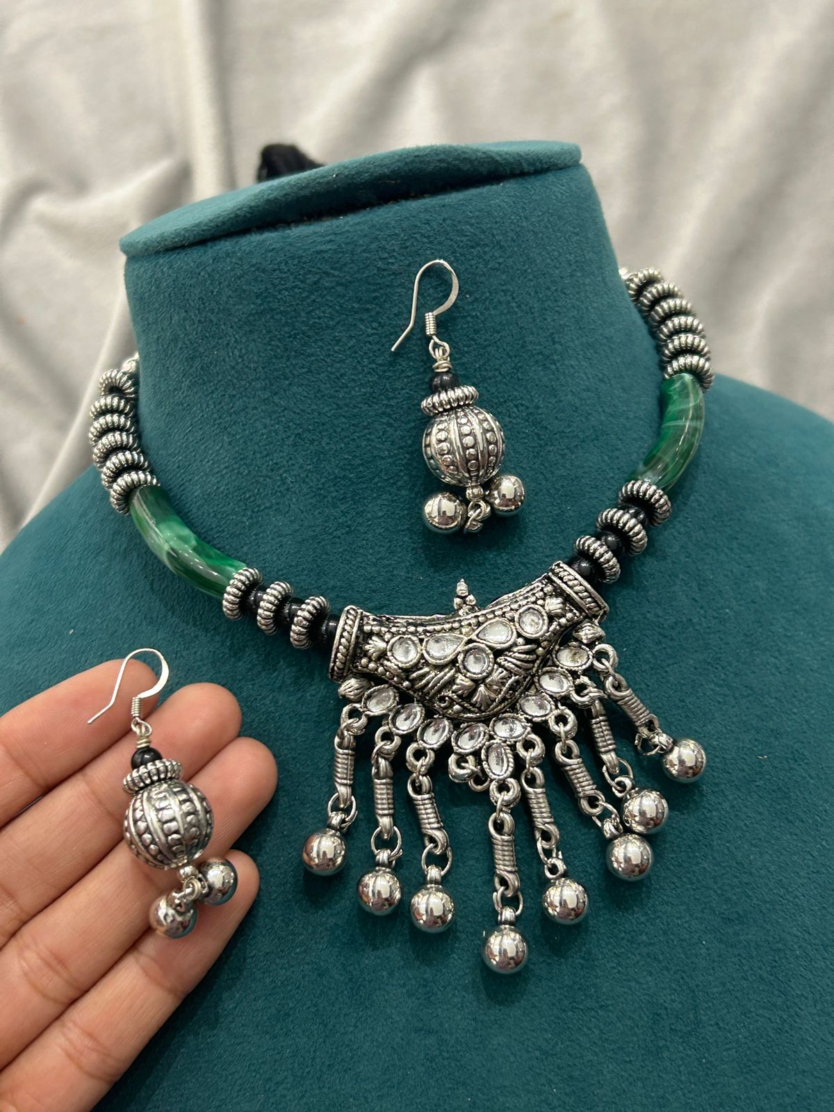 Oxidized Silver Tribal Necklace Set with Green Beads & Earrings