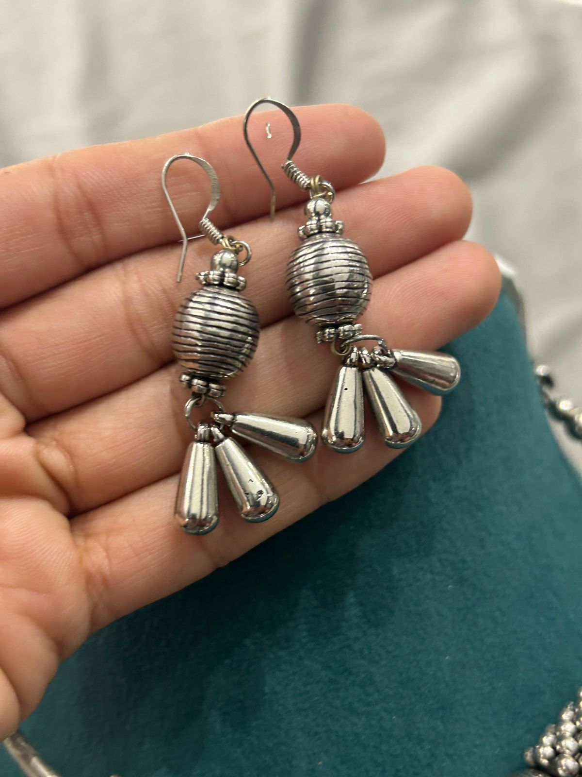 Oxidized Silver Beaded Choker Necklace Set with Bold Pendant & Earrings