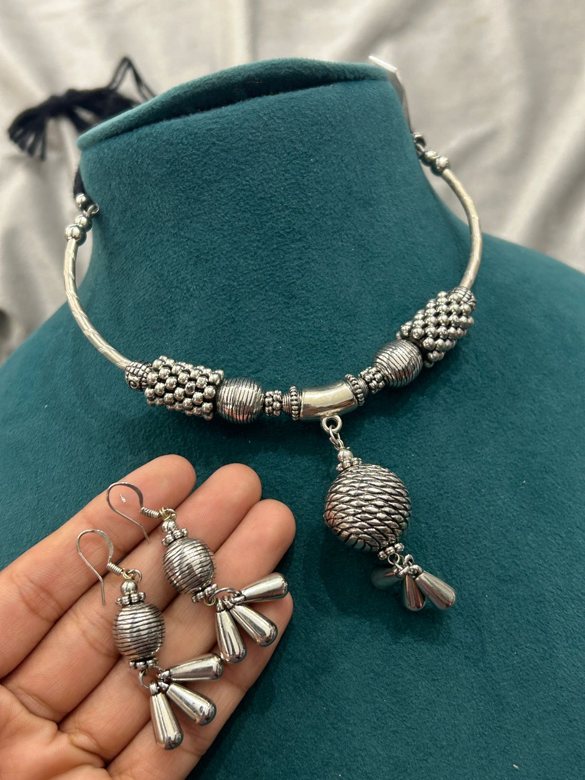 Oxidized Silver Beaded Choker Necklace Set with Bold Pendant & Earrings