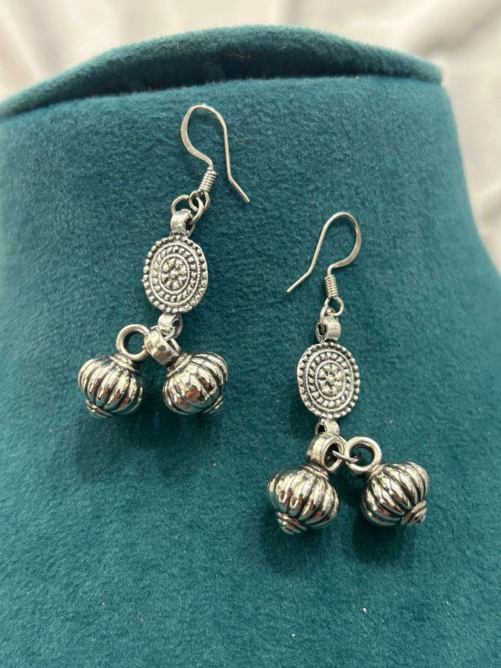 Mirror Work Oxidized Silver Choker Necklace Set with Jhumka Drops