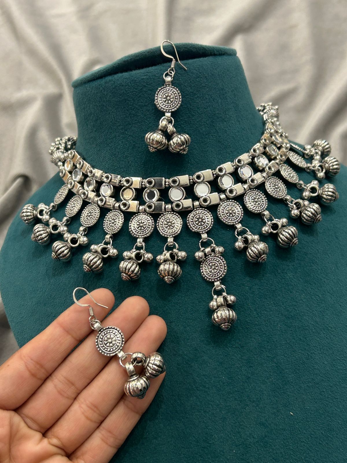 Mirror Work Oxidized Silver Choker Necklace Set with Jhumka Drops
