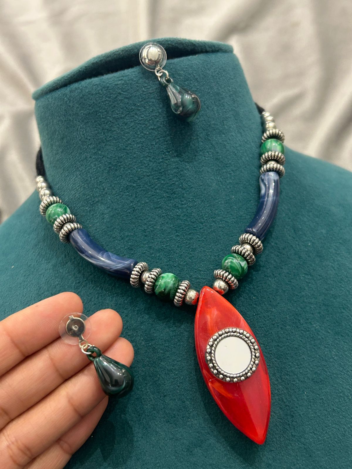 Red Pendant Oxidized Beaded Necklace Set with Earrings