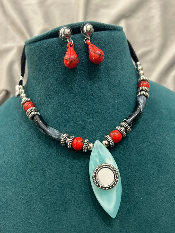 Aqua Blue Pendant Oxidized Beaded Necklace Set with Earrings