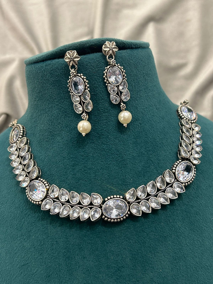 Crystal Stone Oxidized Necklace Set with Pearl Drop Earrings