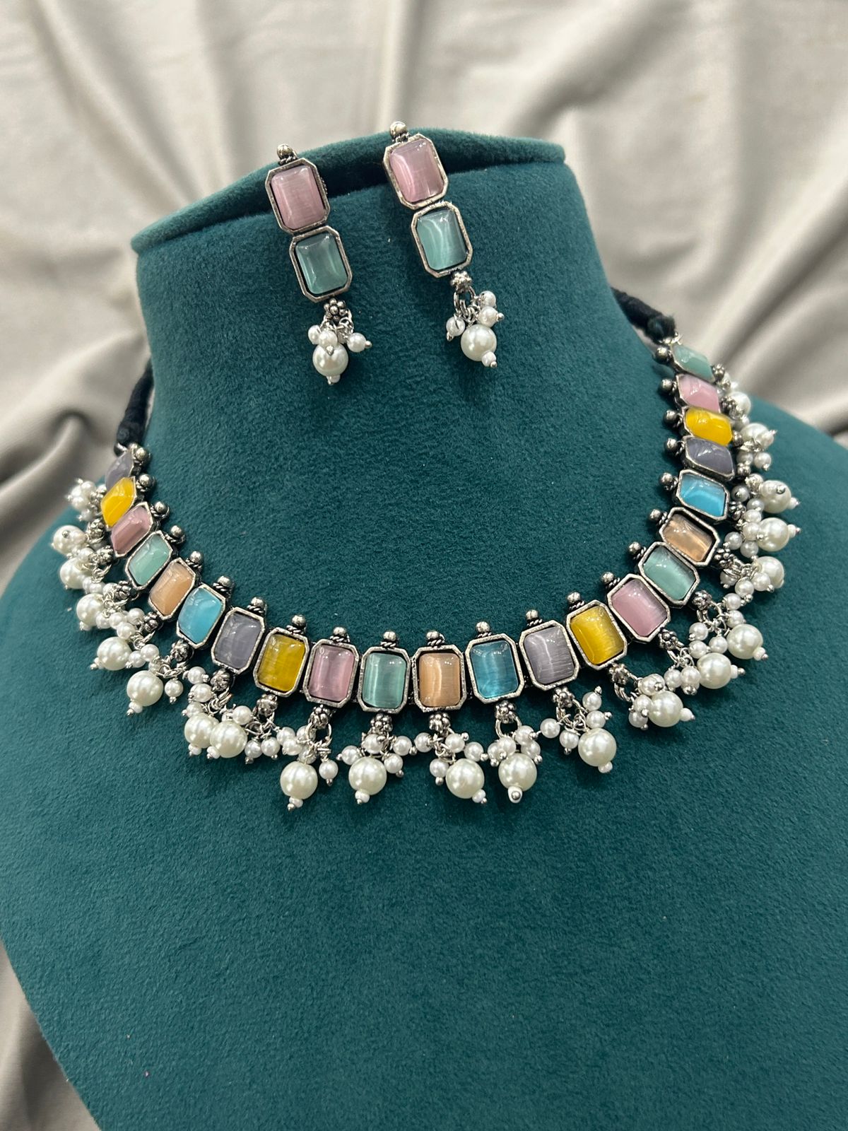 Multicolor Stone Oxidized Choker Necklace Set with Earrings