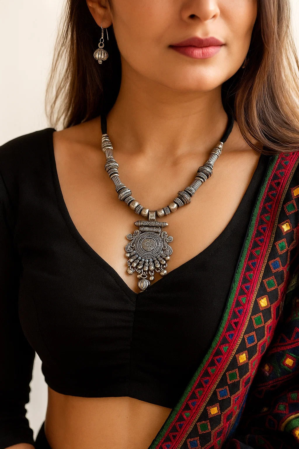 Antique Oxidized Silver Pendant Necklace Set with Earrings