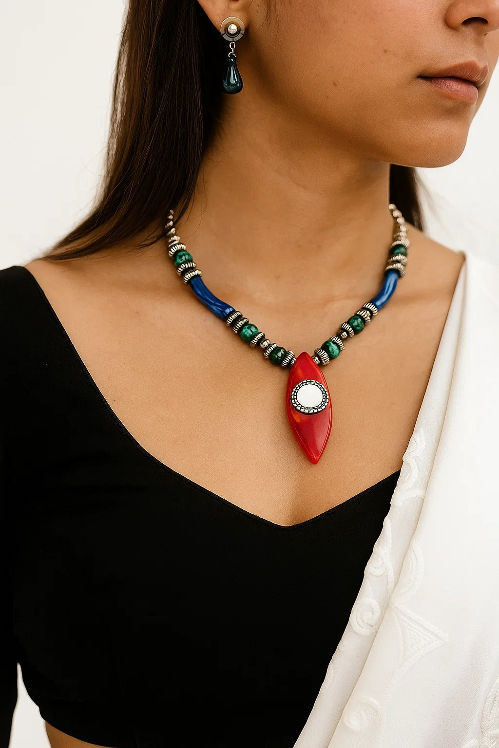 Red Pendant Oxidized Beaded Necklace Set with Earrings