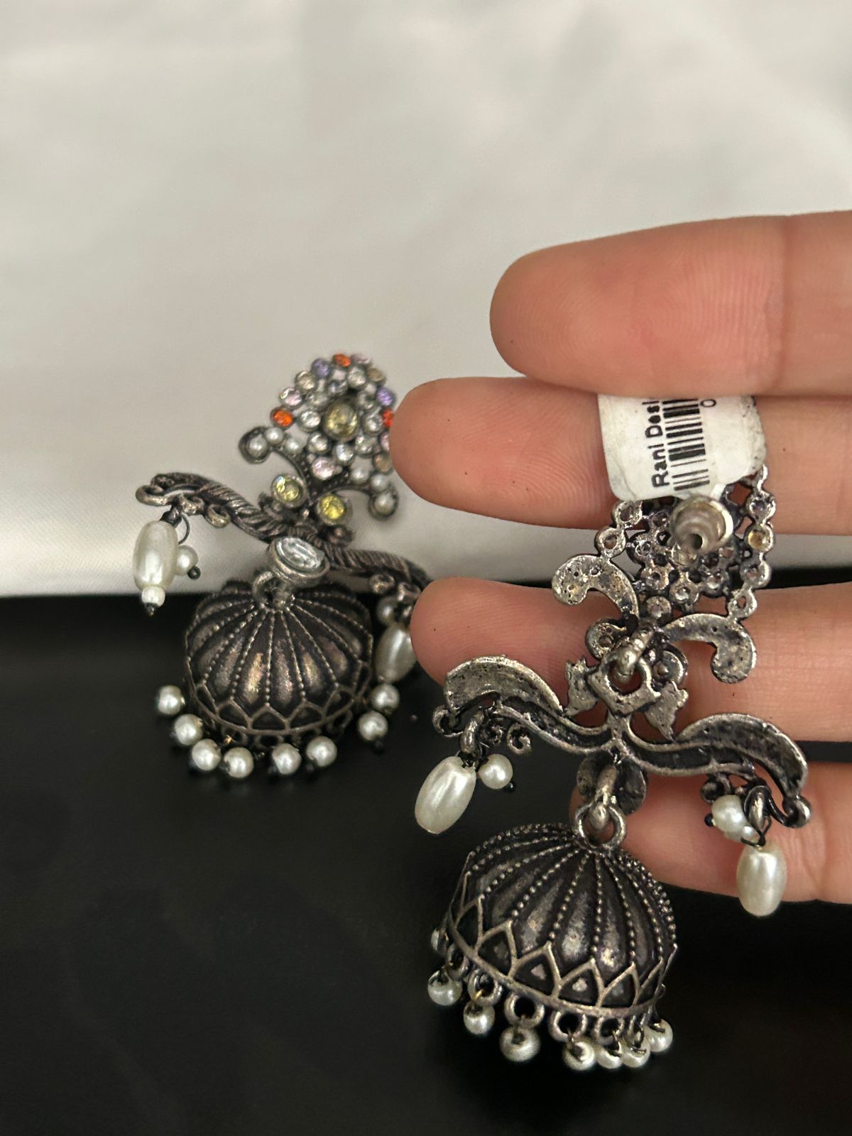 Antique Oxidized Peacock Design Jhumka Earrings with Multicolor Stones