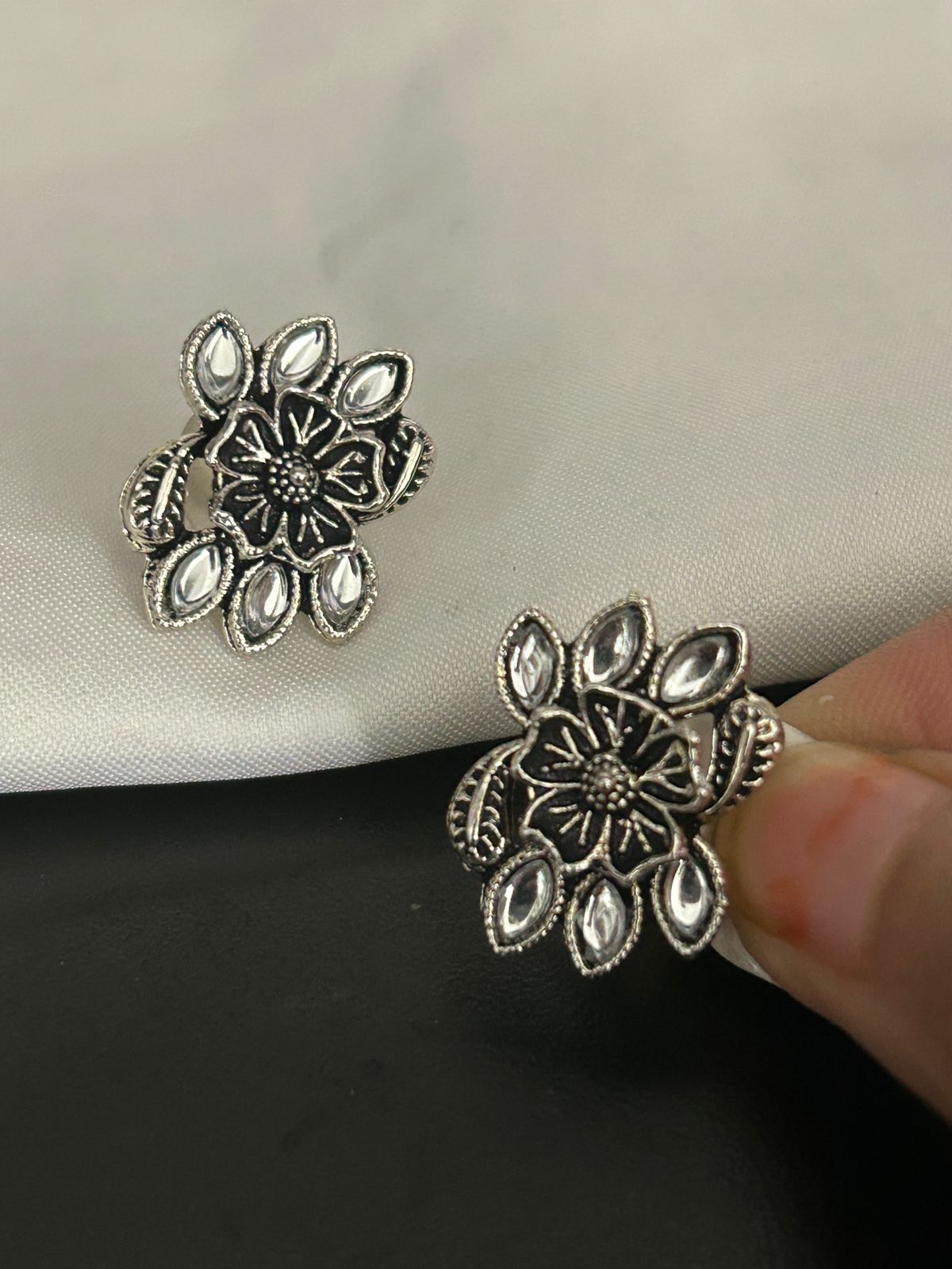 Floral Oxidized Stud Earrings with Mirror Work