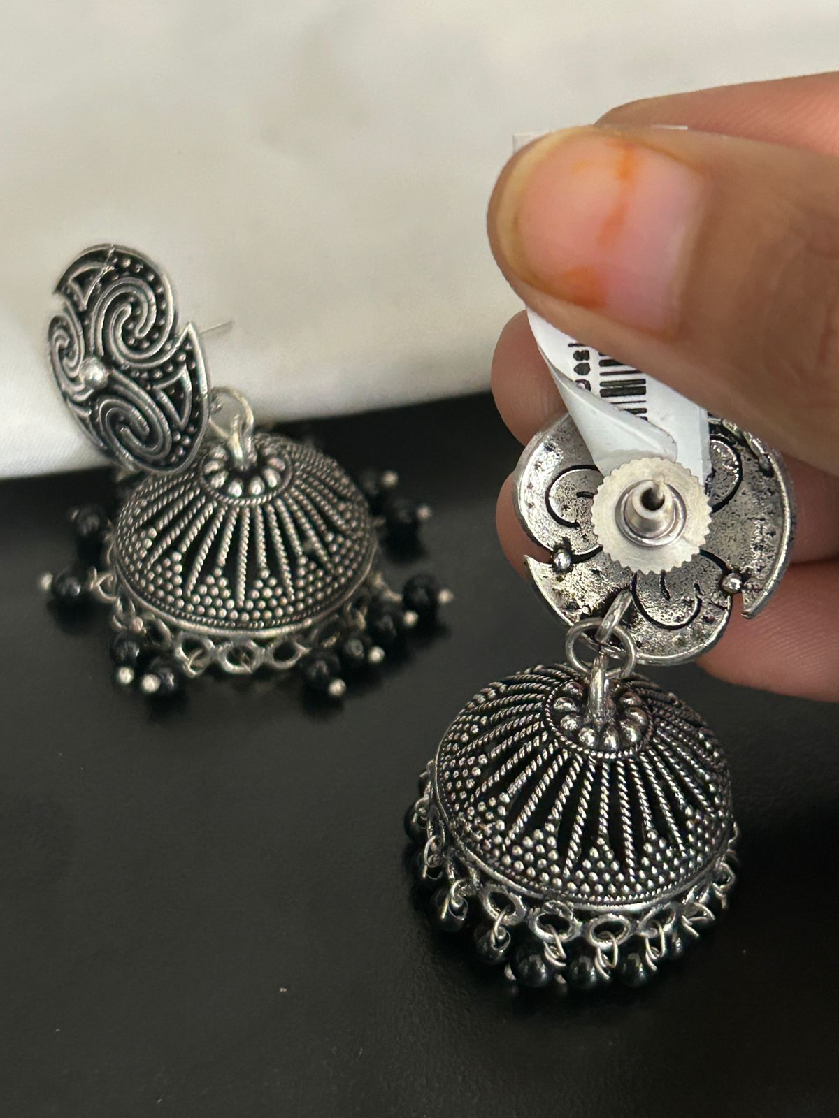 Oxidized Silver Dome Jhumka Earrings with Tribal Design