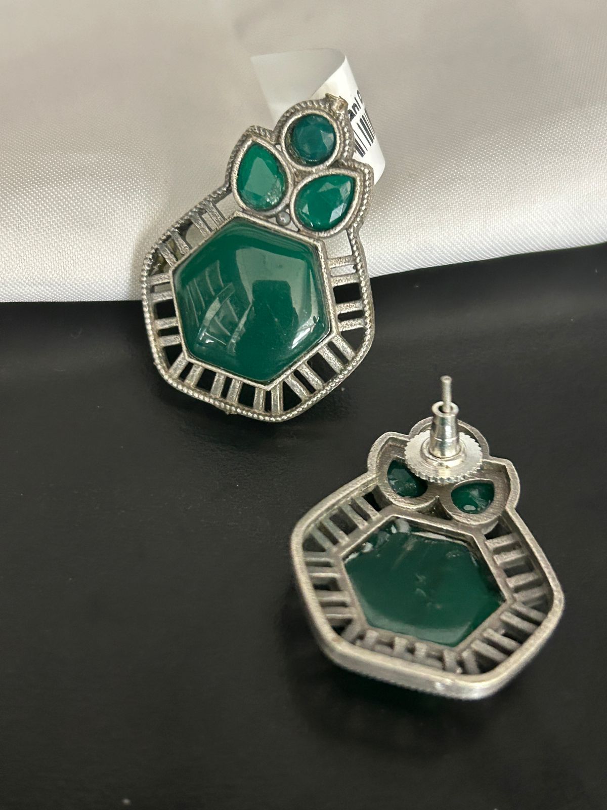 Green Stone Designer Stud Earrings – Oxidized Silver Finish