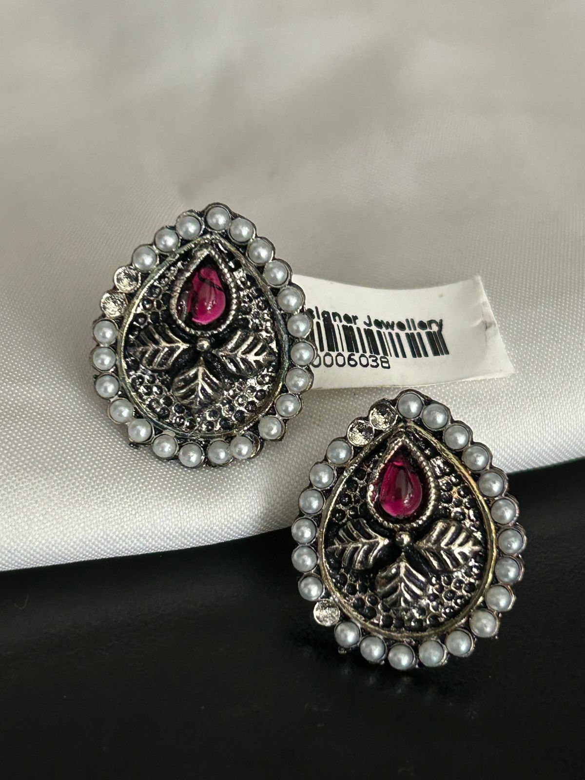 Oxidized Silver Pear Drop Earrings with Red Stone & Pearl Detailing