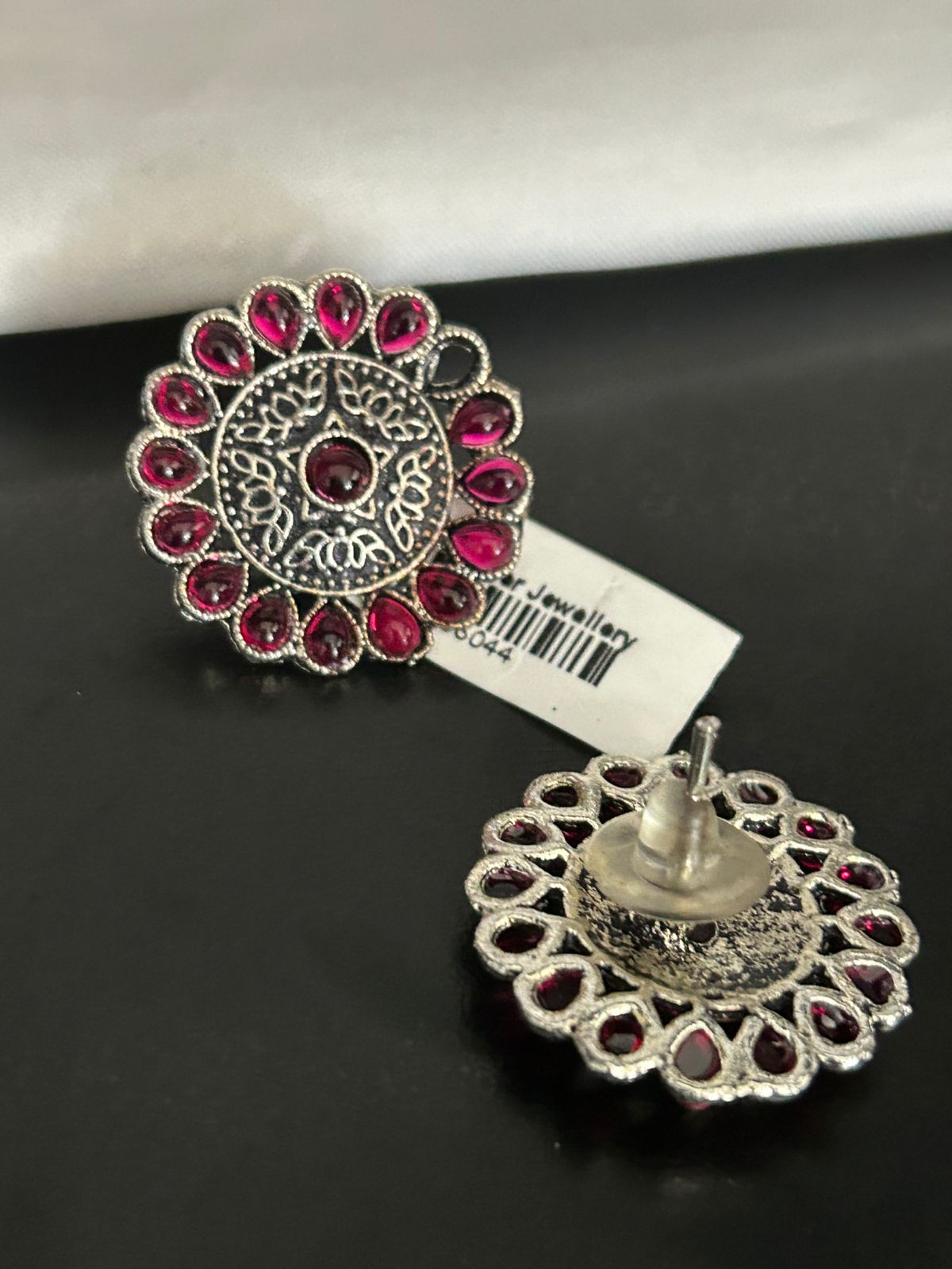 Oxidized Silver Round Stud Earrings with Ruby Red Stones