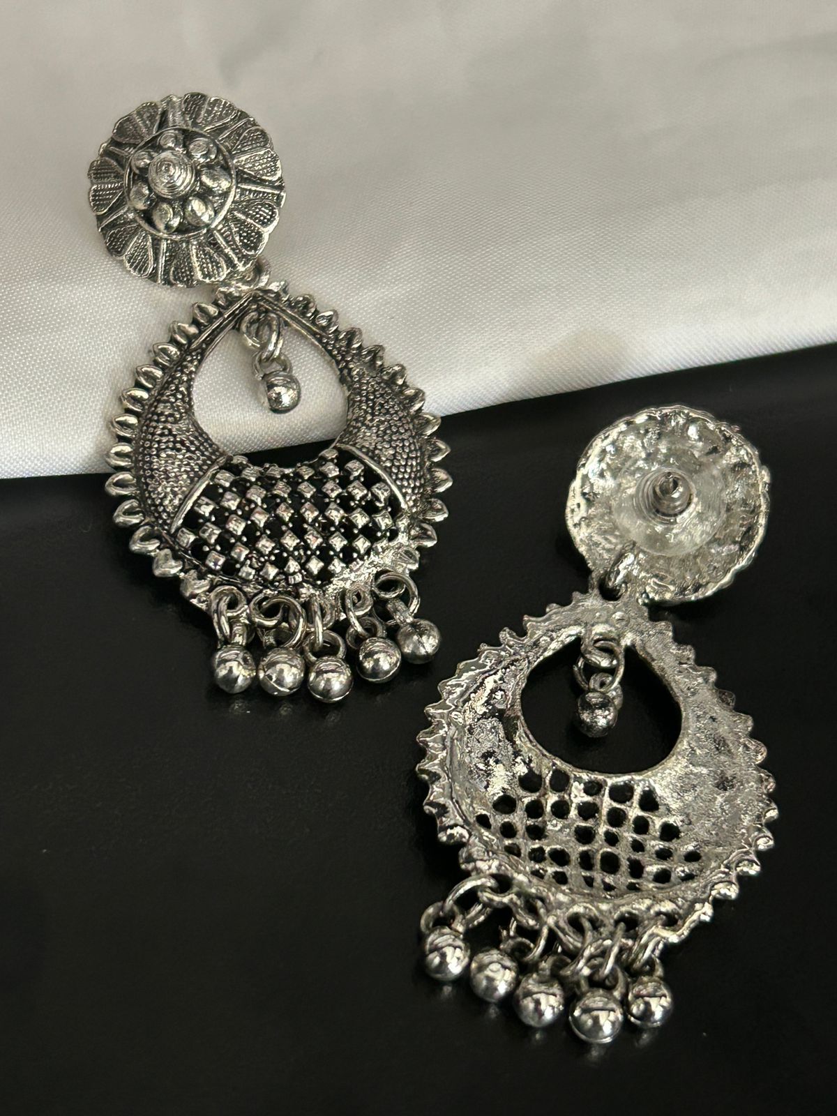 Oxidized Silver Dangler Earrings with Floral Stud and Beaded Detailing