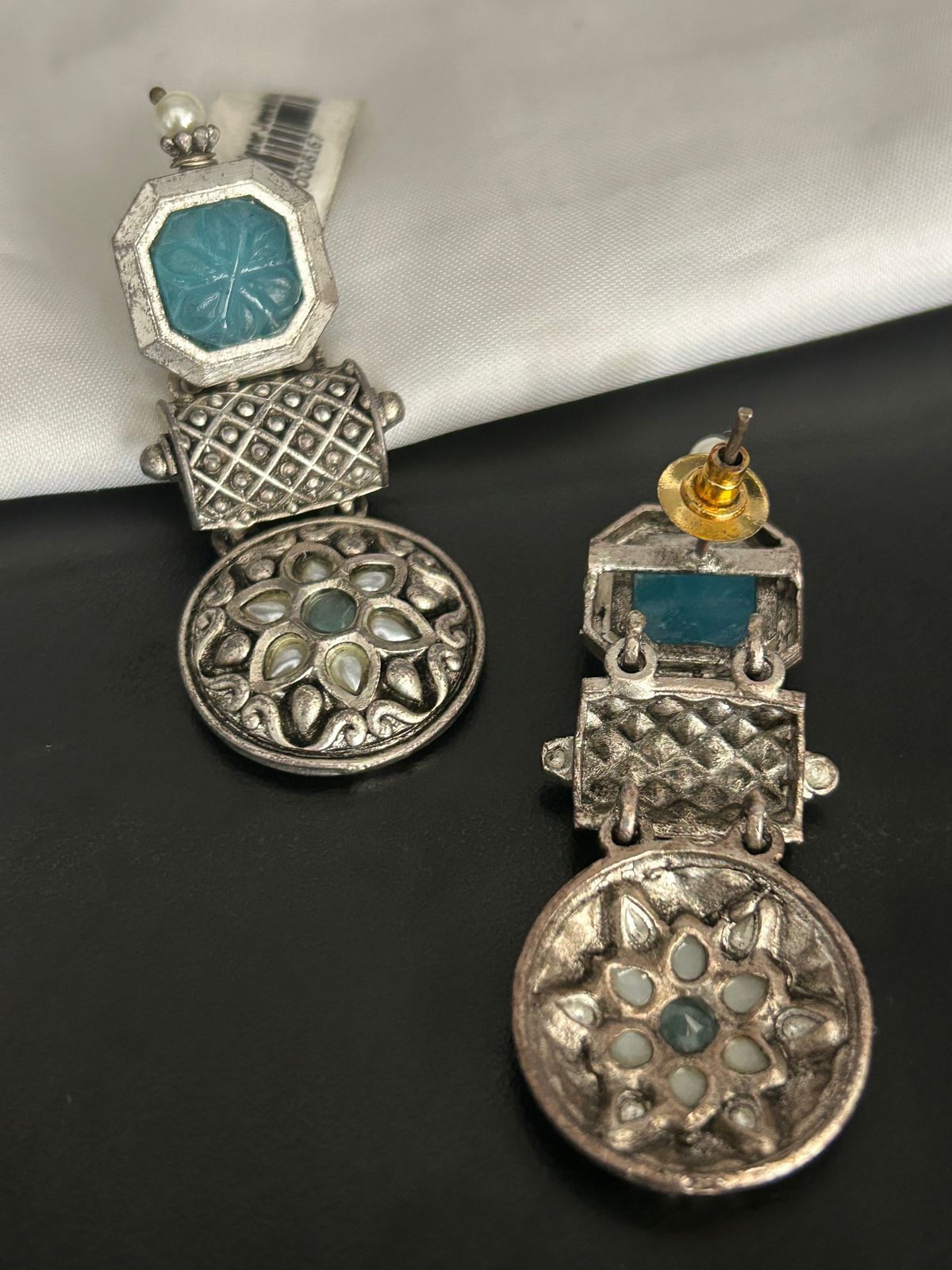 Antique Blue Stone Oxidized Earrings – Floral & Geometric Design