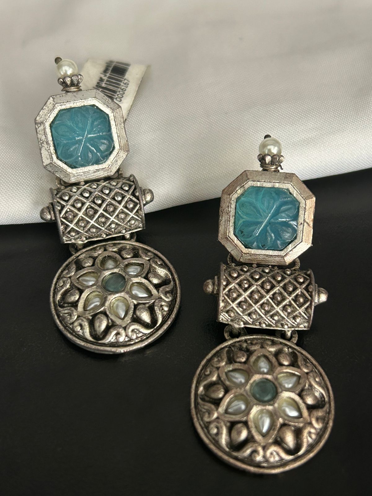 Antique Blue Stone Oxidized Earrings – Floral & Geometric Design