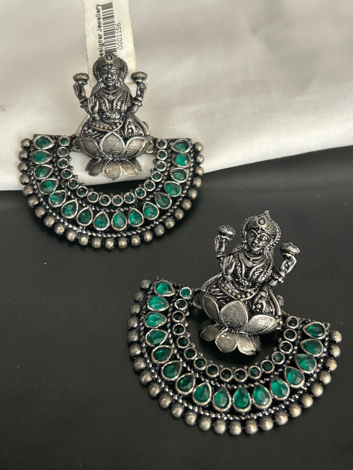 Antique Lakshmi Oxidized Earrings with Green Stone Detailing