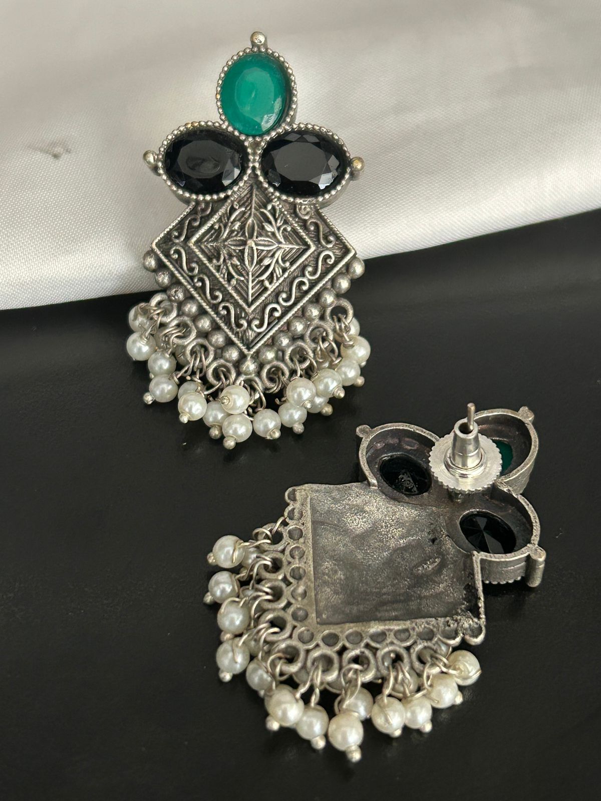 Oxidized Square Jhumka Earrings with Green & Black Stones and Pearl Drops