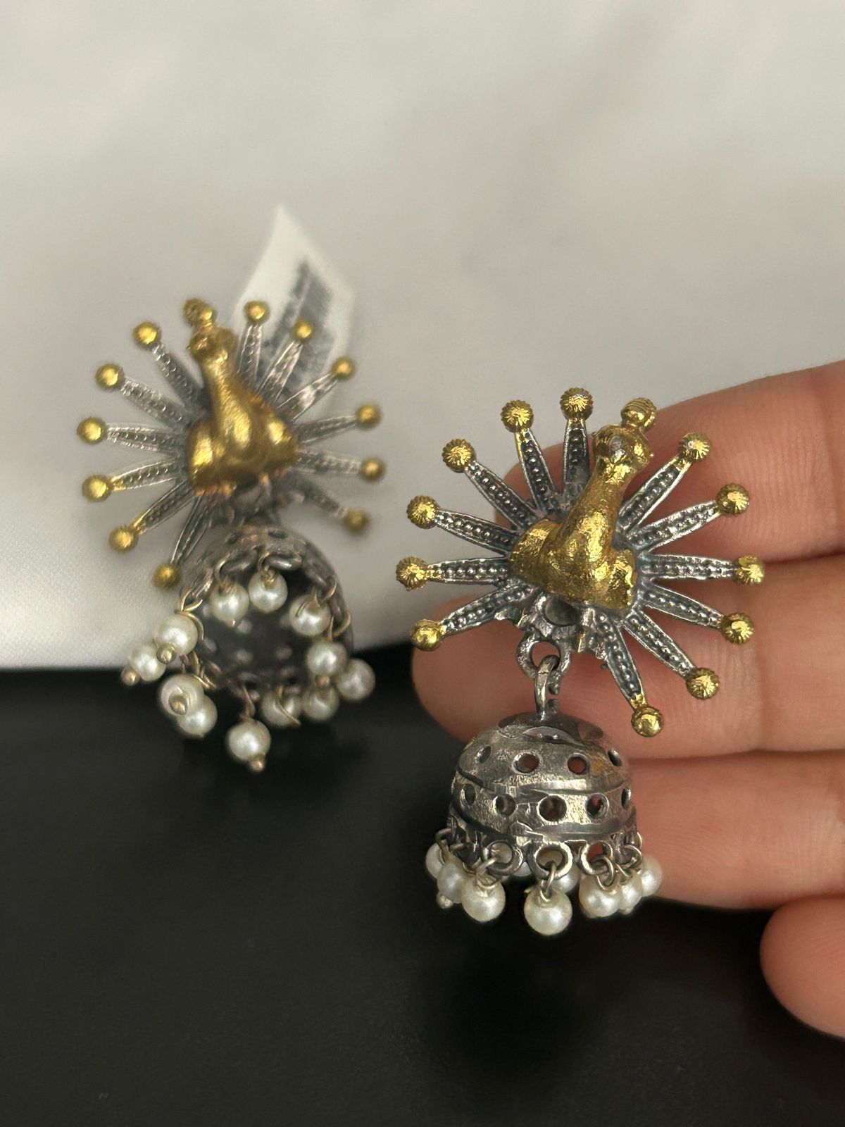 Oxidized Peacock Jhumka Earrings with Golden Detailing & Pearl Drops