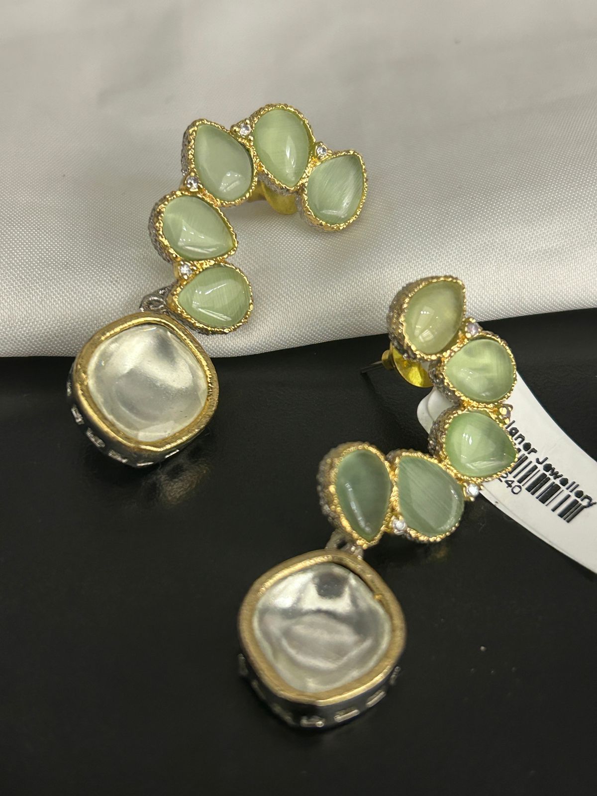 Green Stone & Kundan Drop Earrings with Golden Finish