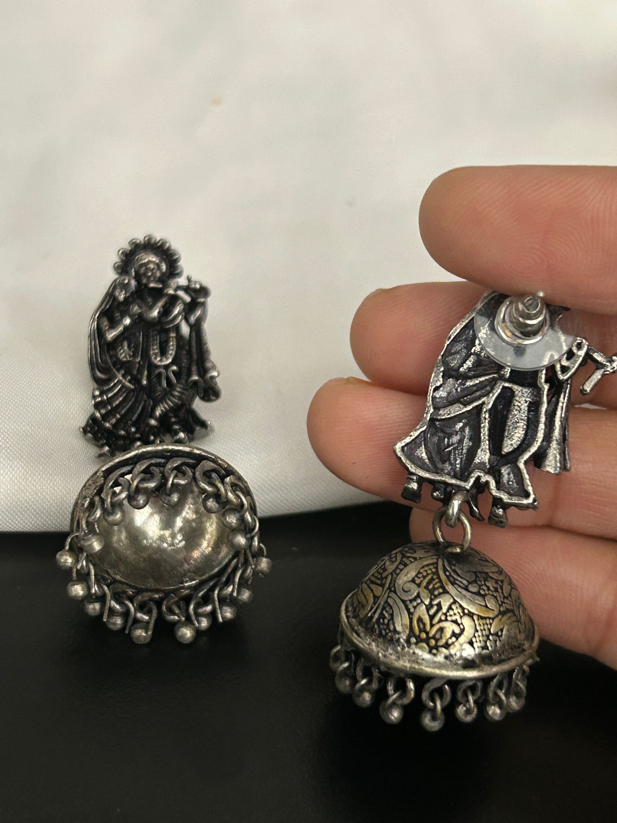 Antique Radha Krishna Oxidised Jhumka Earrings