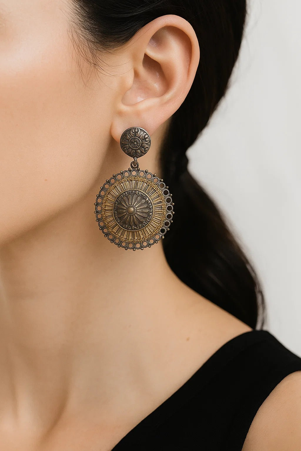 Antique Oxidized Round Earrings with Golden Detailing – Boho Ethnic Jewelry