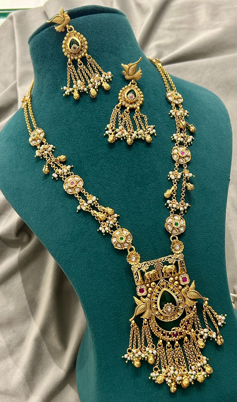 Antique Gold Temple Long Necklace with Earrings – Bird & Floral Motif