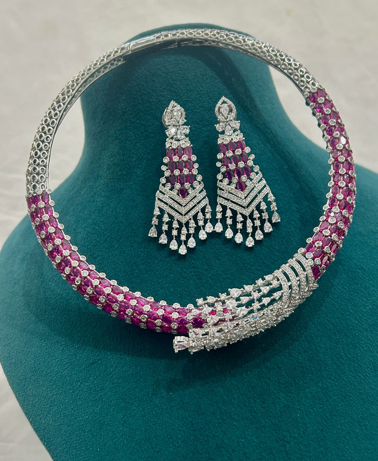 Ruby & Diamond Choker Necklace Set with Long Earrings – Luxury CZ Jewellery