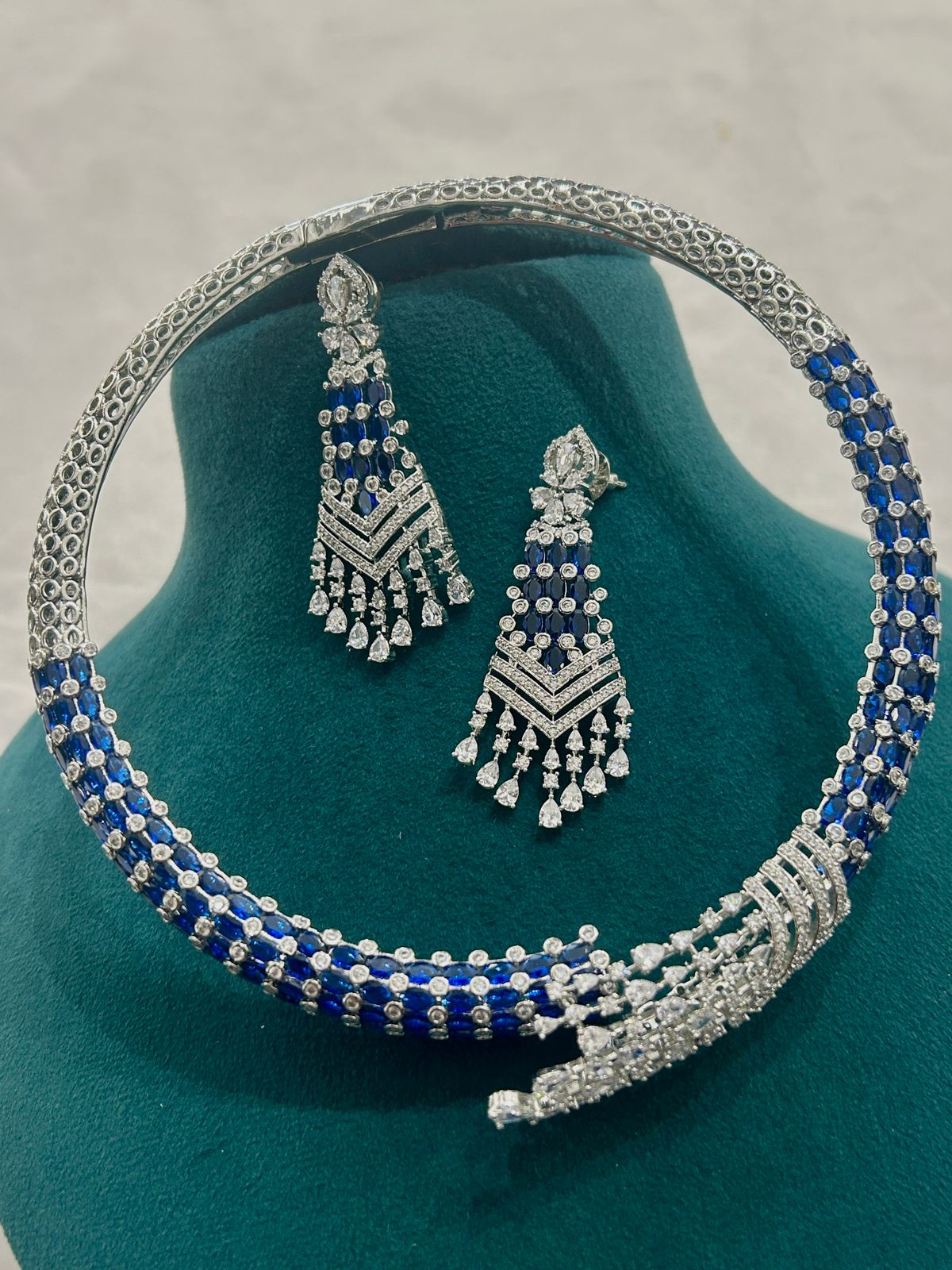 Sapphire Blue & Diamond Choker Necklace Set with Long Earrings – Premium CZ Jewellery