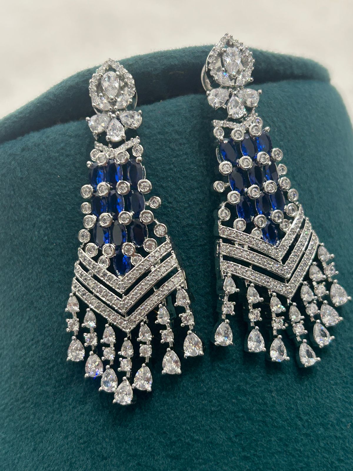 Sapphire Blue & Diamond Choker Necklace Set with Long Earrings – Premium CZ Jewellery