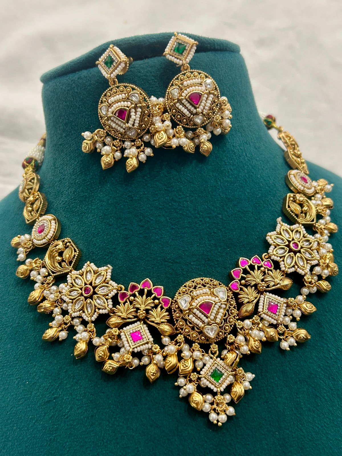 Antique Temple Necklace Set with Pearl Drops & Kundan Work – Bridal Jewellery