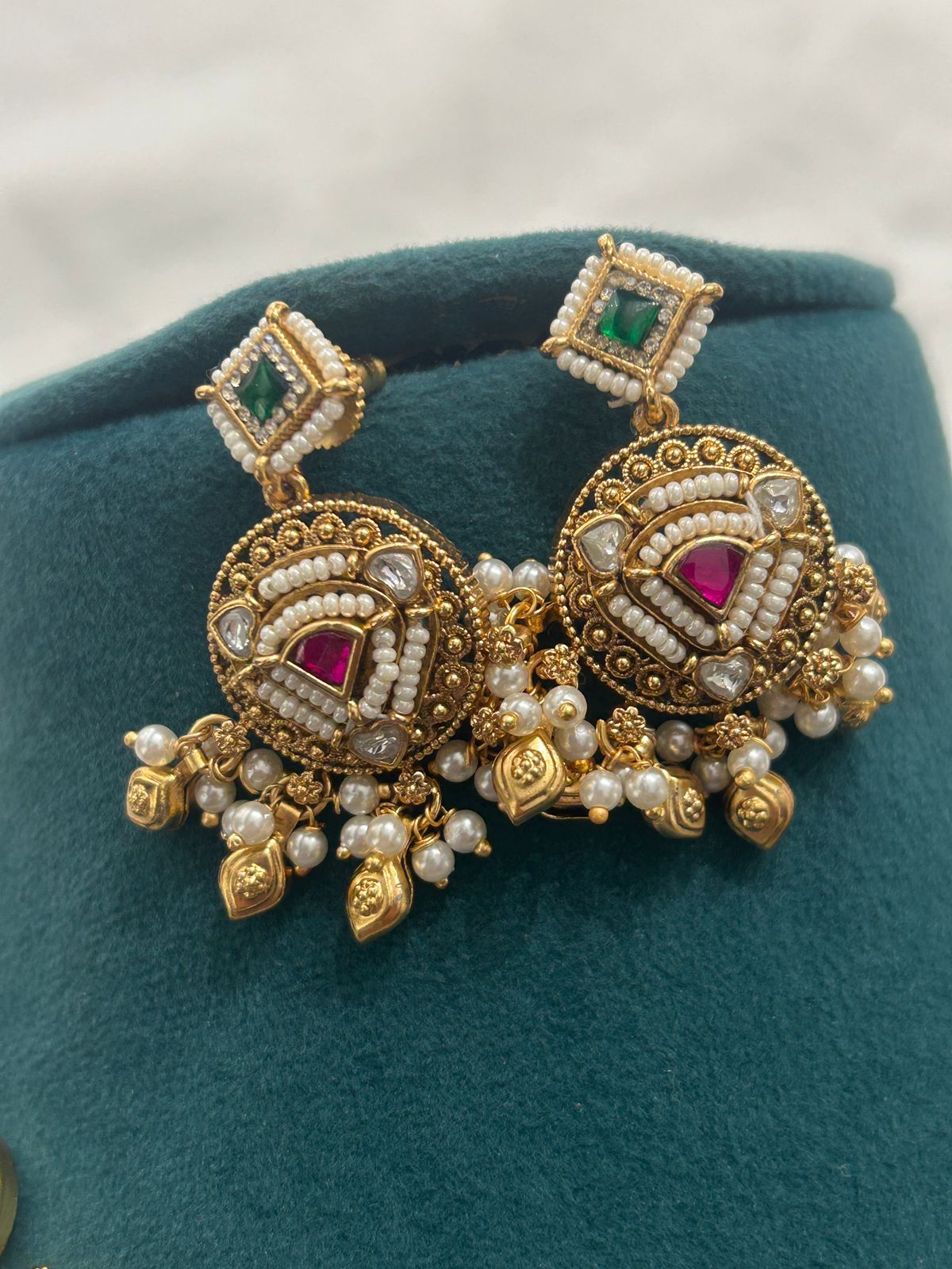 Antique Temple Necklace Set with Pearl Drops & Kundan Work – Bridal Jewellery