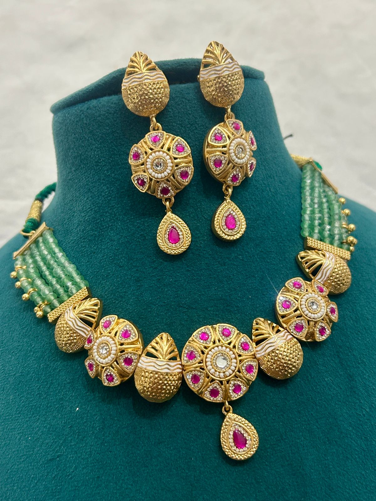 Antique Gold Plated Necklace Set with Ruby Stones & Green Beads
