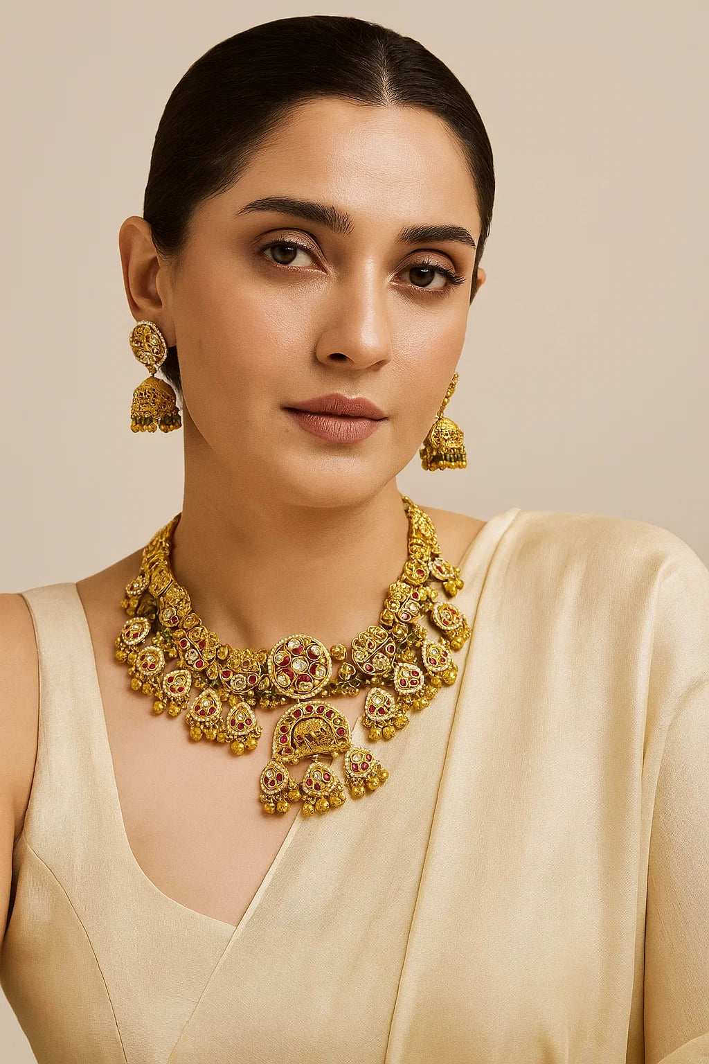 Antique Elephant Motif Temple Necklace Set with Ruby & Kundan Work