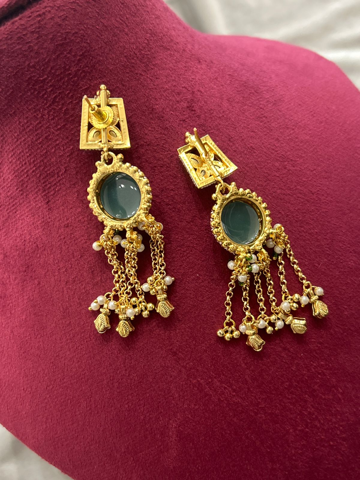 Antique Black Enamel Gold Plated Necklace Set with Pearl Chains & Earrings