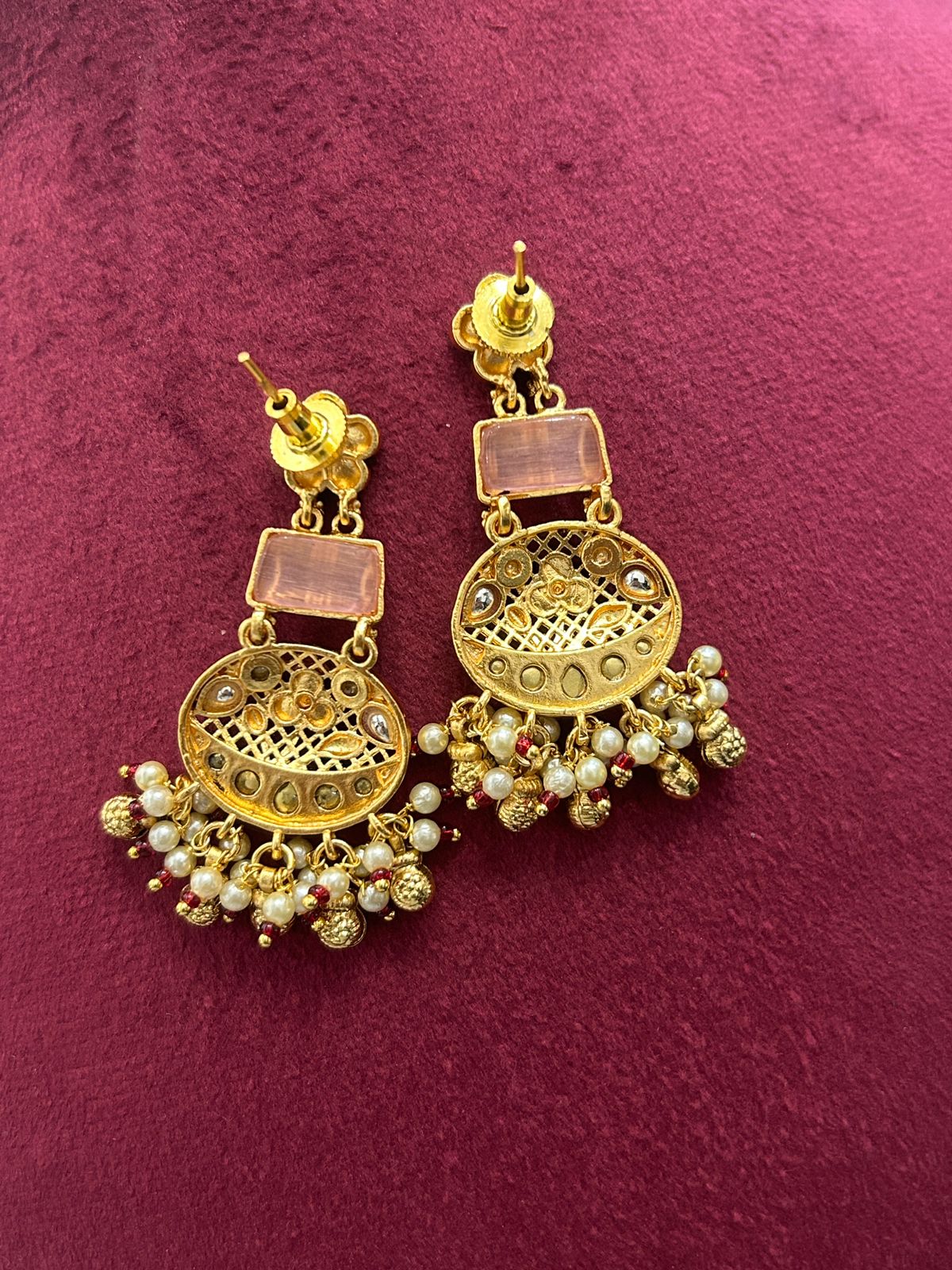 Antique Temple Inspired Gold Plated Necklace Set with Pearls & Earrings