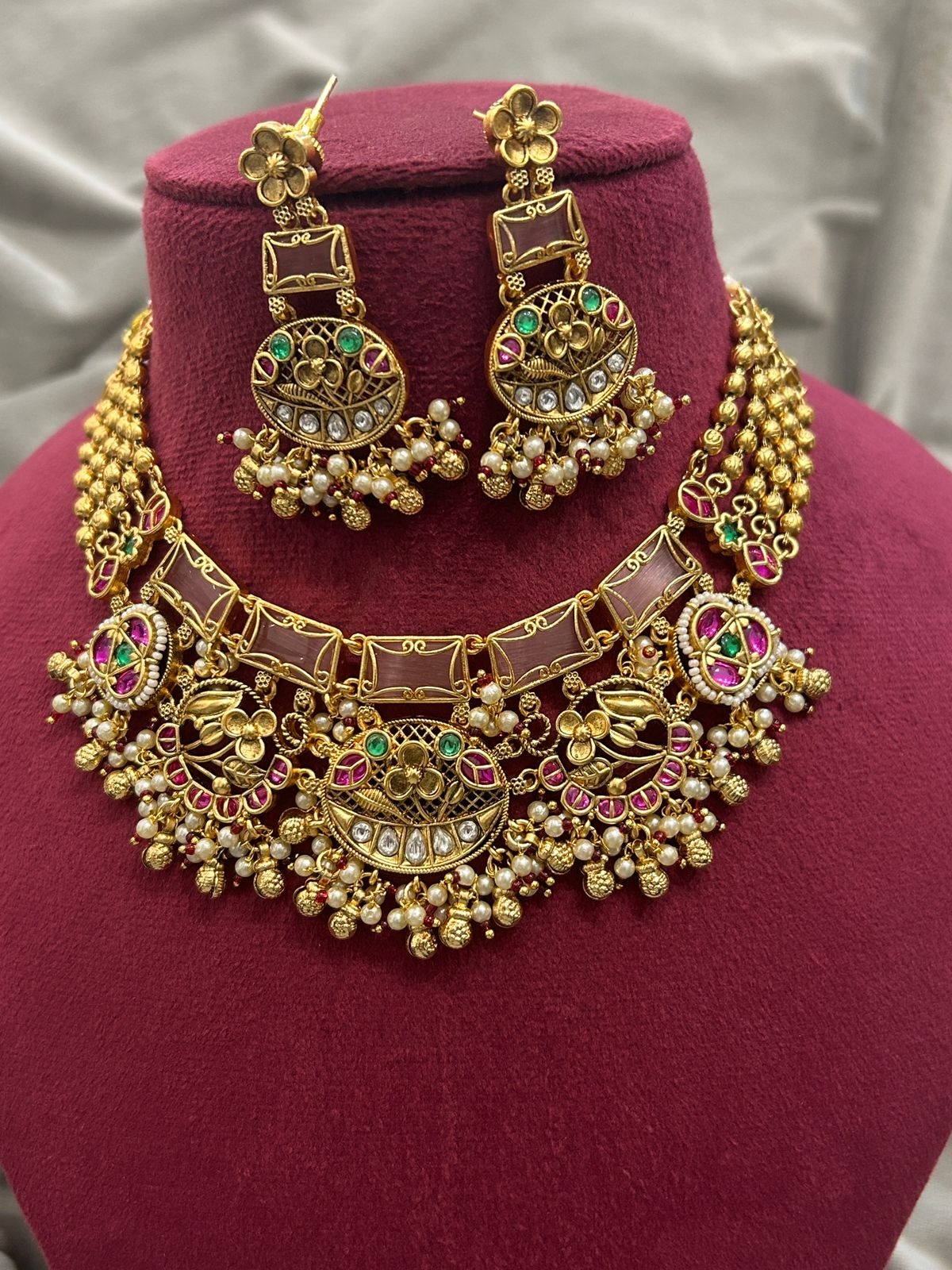 Antique Temple Inspired Gold Plated Necklace Set with Pearls & Earrings
