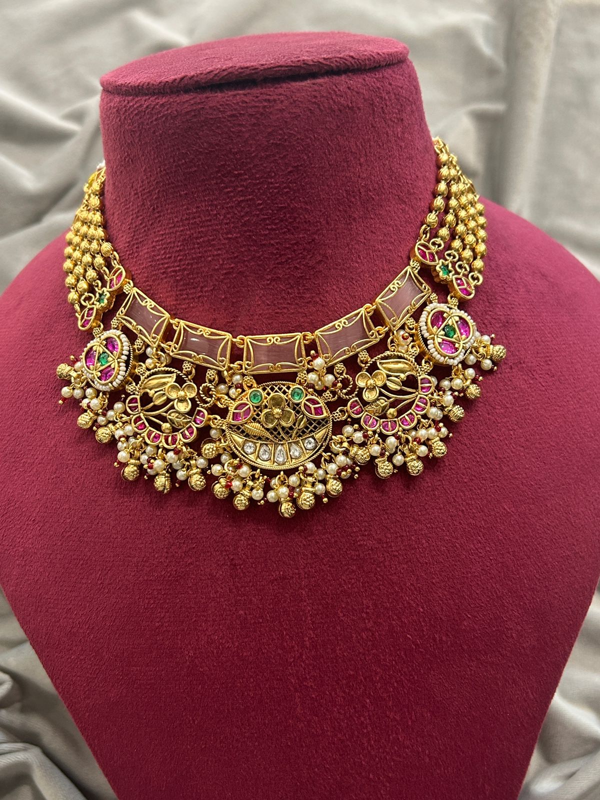 Antique Temple Inspired Gold Plated Necklace Set with Pearls & Earrings