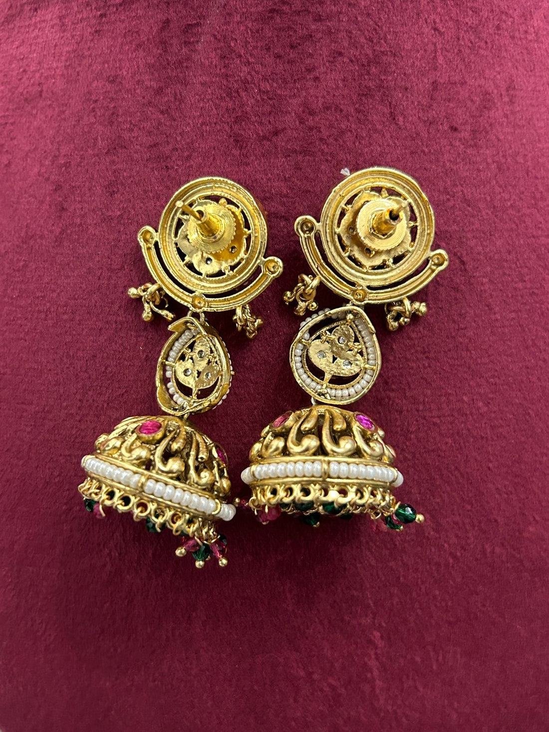 Royal Kundan Necklace Set with Green & Pink Stones and Pearl Strings