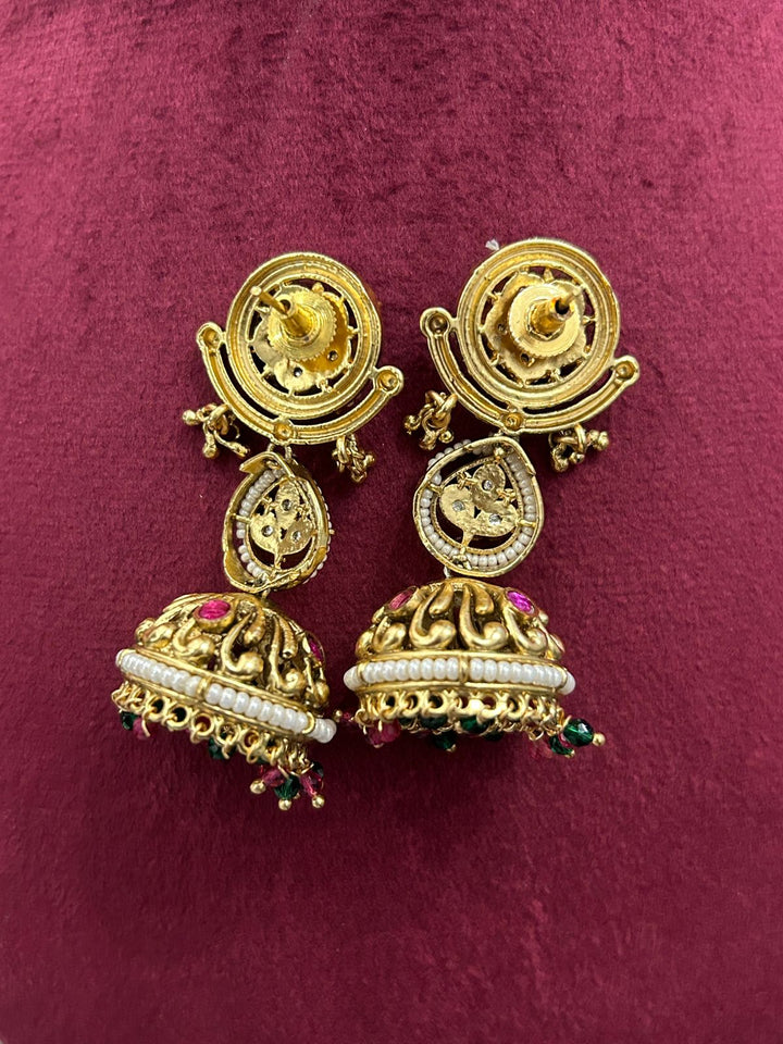 Royal Kundan Necklace Set with Green & Pink Stones and Pearl Strings