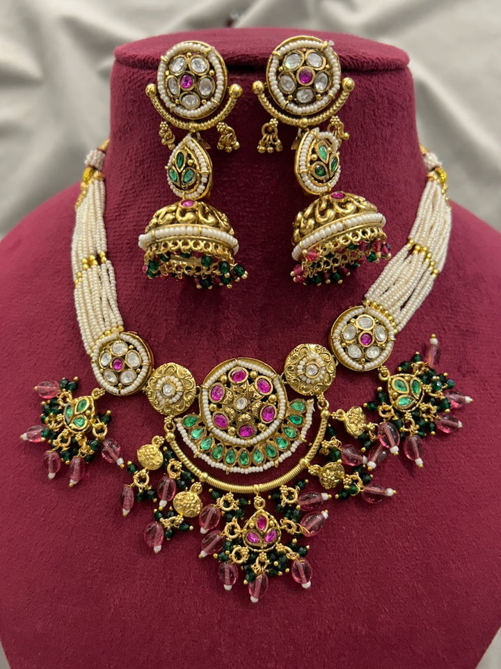 Royal Kundan Necklace Set with Green & Pink Stones and Pearl Strings
