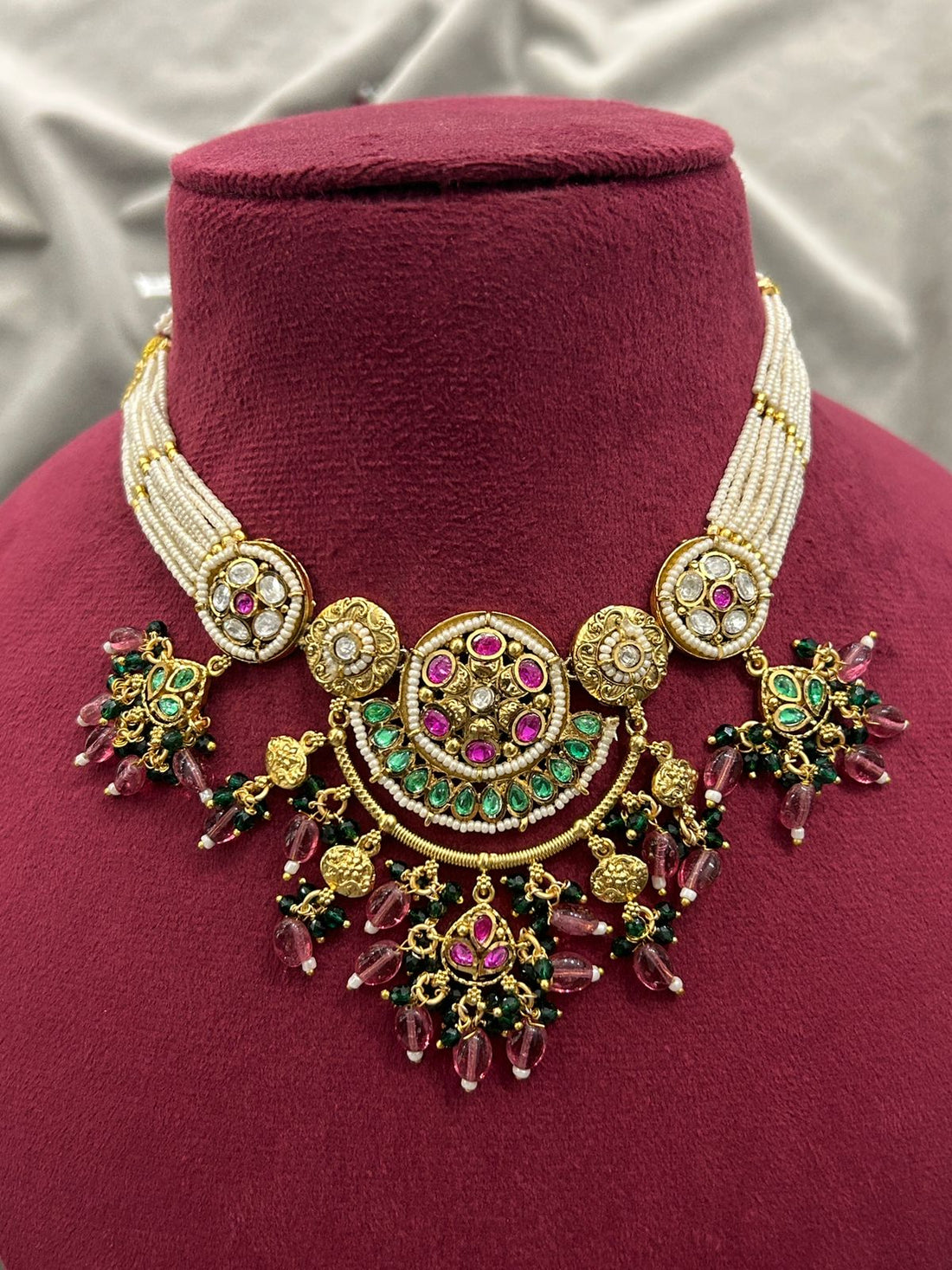 Royal Kundan Necklace Set with Green & Pink Stones and Pearl Strings