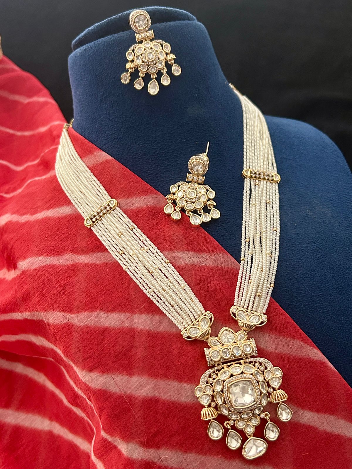 Classic White Kundan Pearl Necklace Set with Long Earrings