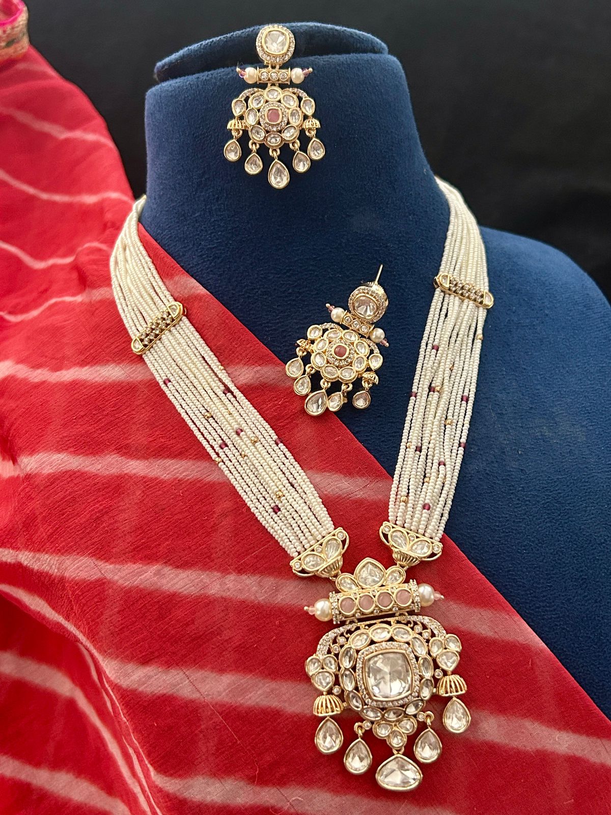 Elegant Pink Kundan Pearl Necklace Set with Long Earrings