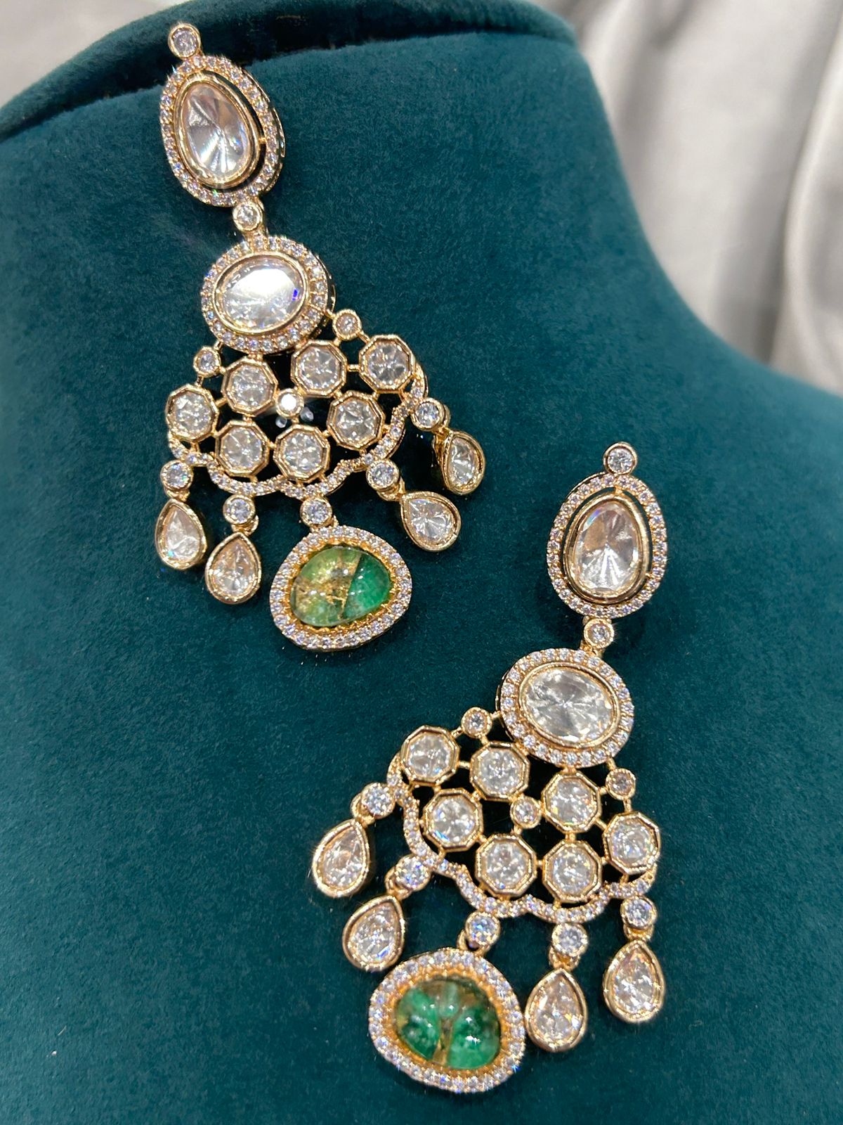 Emerald Accent Diamond Look Chandelier Necklace Set